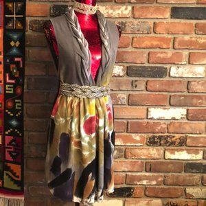 Knit Multi Color Dyed Sweater Sleeveless Vest Open Cardigan, Braided Collar L